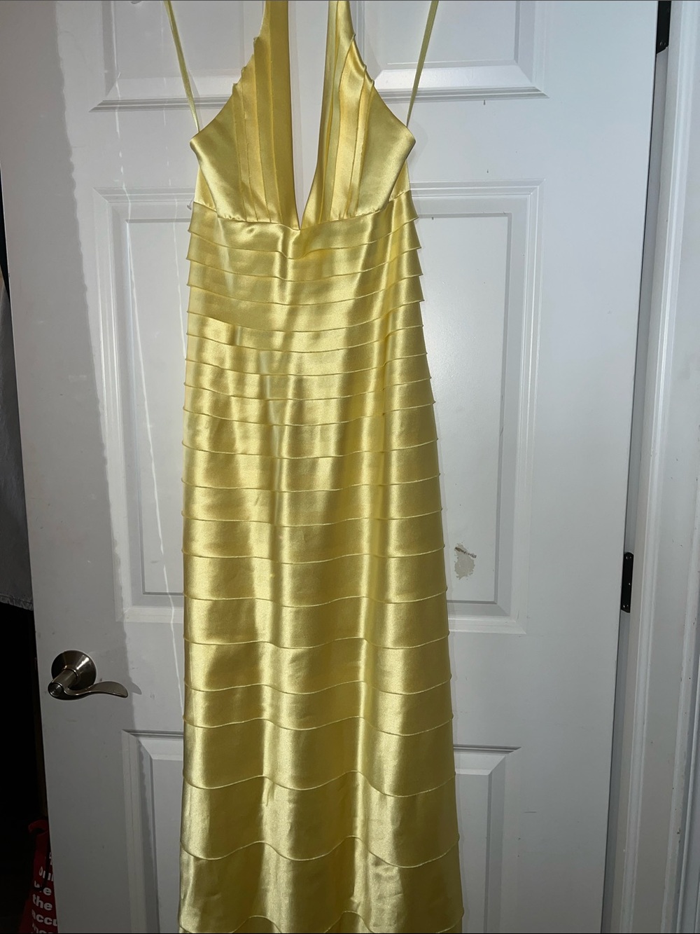 BCBGMaxAzria Yellow Satin Strapless Tiered Halter Dress - Picture 7 of 7